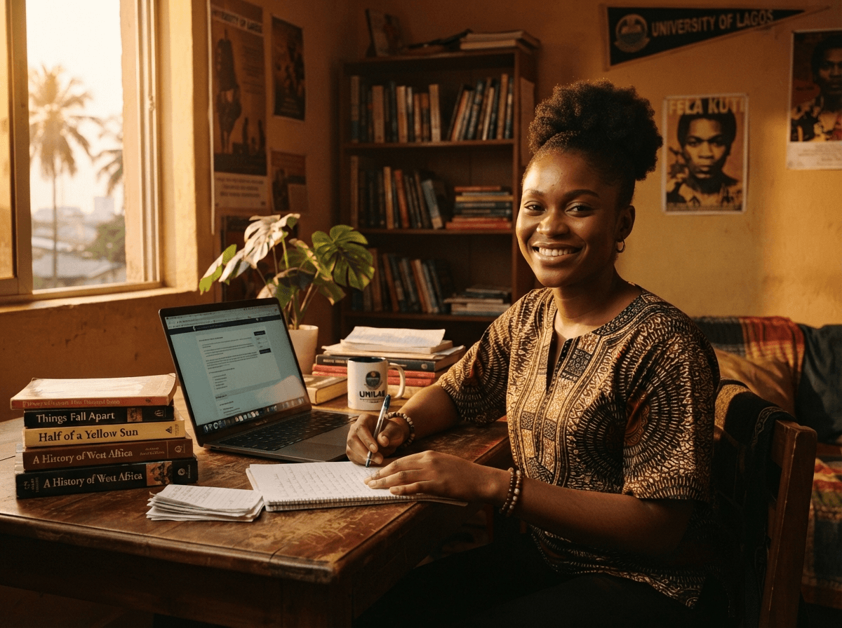 Cinematic documentary photograph of an inspiring Nigerian female university student at study desk in Lagos